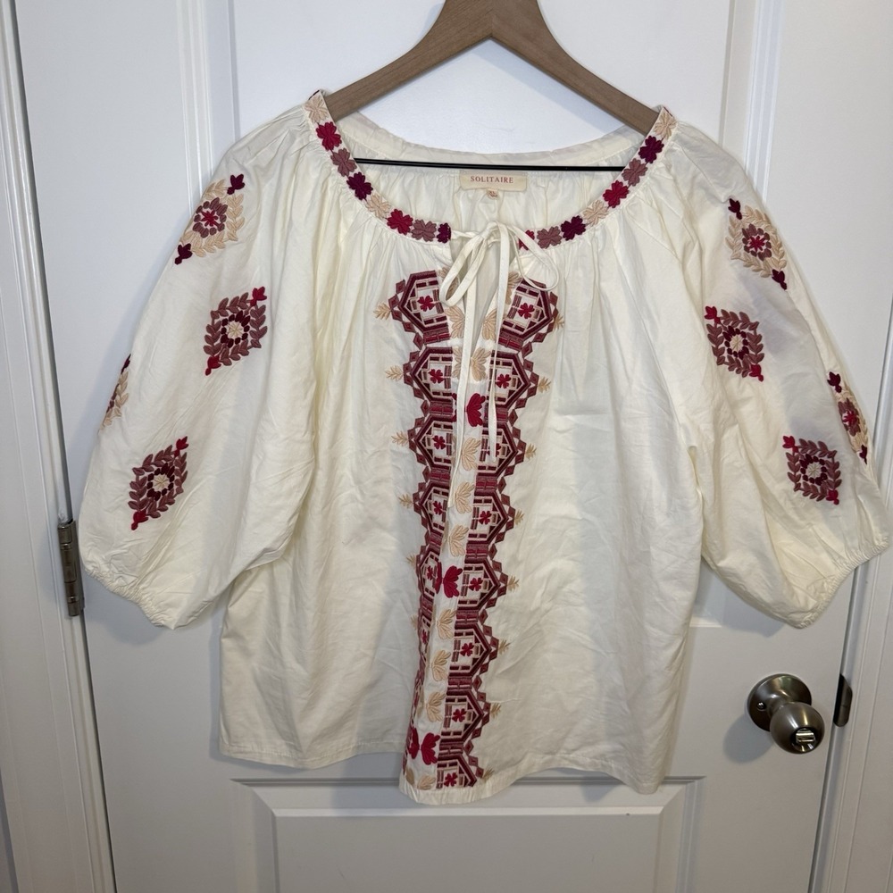 Solitaire Anthropologie Blouse Womens XL Embroidery Boho Peasant Hippie Artsy